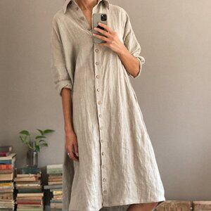 Simply Grey Blue Check Linen Dress/Duster M